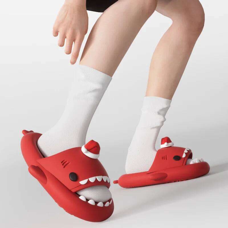 Funny Christmas Party Shark Slippers For Women Men Cute DIY Red Hat House Shoes Soft EVA Thick Sole Couples Indoor Street Slide