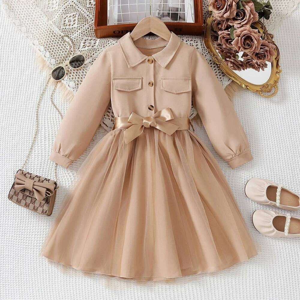 Chic Girls' Long-Sleeve Shirt Dress Knee-Length Outfits for Spring/Fall/Summer Outing Kids Dresses Girls Baby Clothing 4y To 7y Z260304
