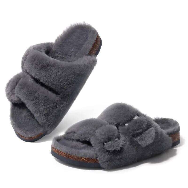 Kidmi Winter Slippers New Cork Insole Cozy Slides Arch Support Casual Furry Women Sandal With Adjustable Metal Buckle