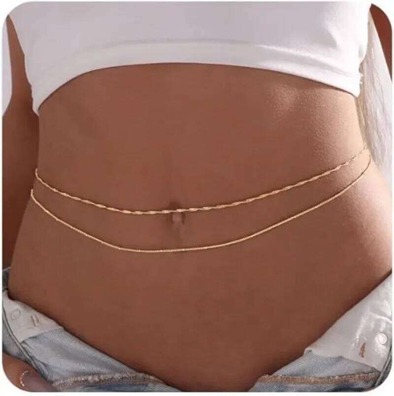 14K Gold Plated STAINLESS STEEL Layered Cuban Pearl Satellite Beads Belly Belt Body Jewelry Waterproof Waist Chains for Women S260304