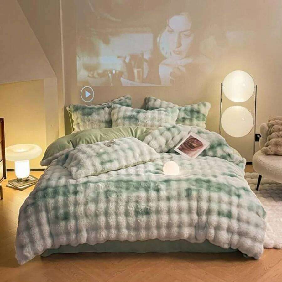 Queen Size Fluffy Plush Shaggy Bedding 4 Pieces Super Soft Reversible Duvet Cover Set with Bed Sheet and Pillow Cases Green C260304