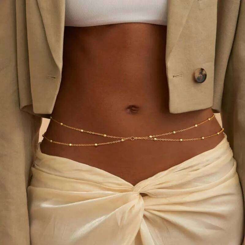 Fashion Double Layer Beaded Waist for Women Simple Gold Color Metal Cross Round Bead Body Chain Bikini Jewelry Acessories S260304