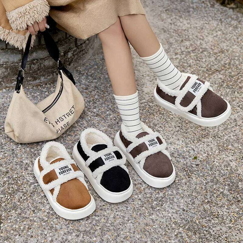Women's Home Cotton Slippers New Arrival Winter Warm Shoes Soft Plush Anti-slip Girls Indoor Outdoor Slipper With Heel