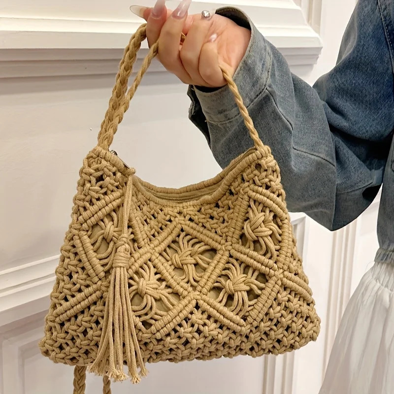 1pc Boho Chic Handwoven Shoulder Bag for WomenHandwoven Cotton with Zipper Tassel DetailsBeach Bagfor TravelCasual Outings 260303