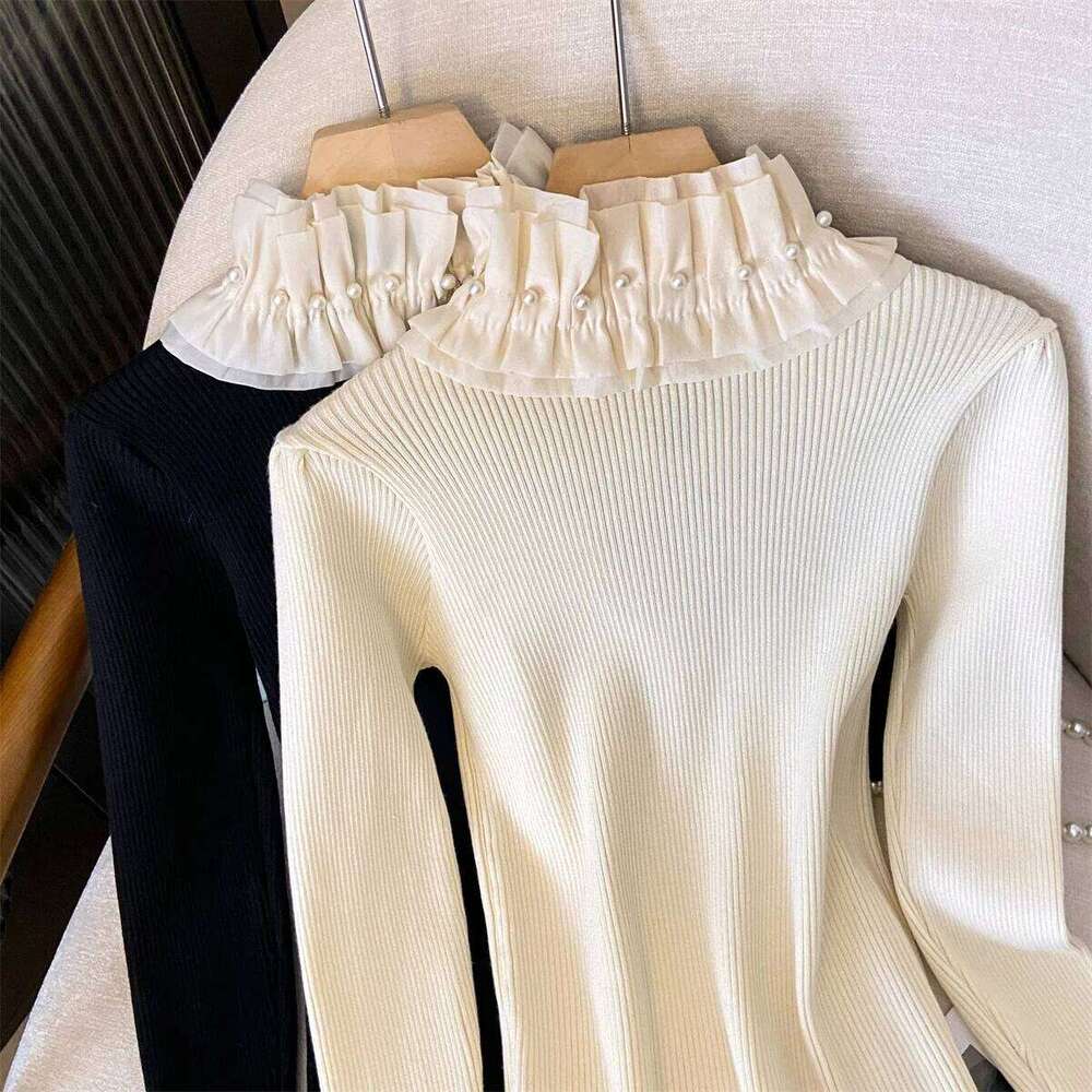 French Style Vintage Women Elasitc Stand-up Collar Long Sleeve Knitted Pullover Beading Ruffles Patchwork Sweaters Tops 2026 XJ260305