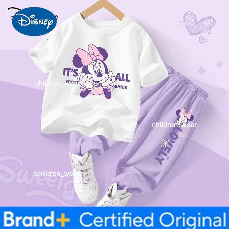 Disney Summer Baby Girl Clothes Set Children Minnie Cartoon Printing O-Neck T-shirt and Pants Two Pieces Suit Cotton Tracksuit H2603051