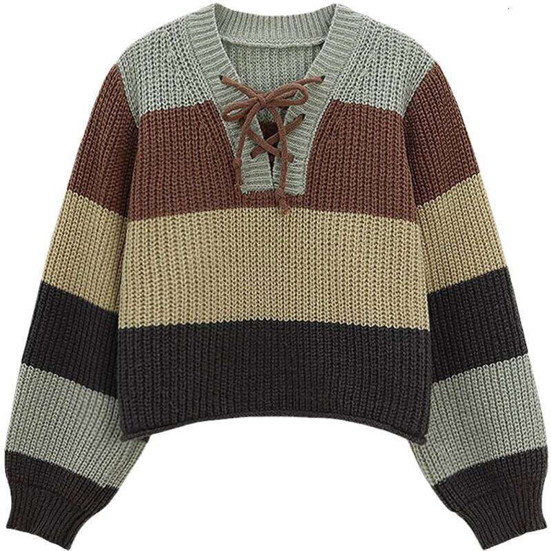 Biyaby Preppy Style V-Neck Sweater for Women Lace-Up Long Sleeve Knitted Pullover Loose Fit Autumn Wear 2025 Ladies Fashion XJ260305