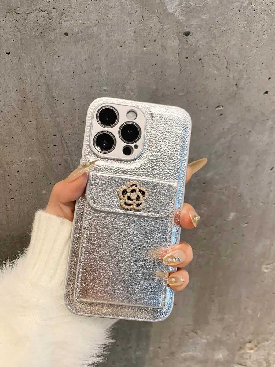 Luxury Metallic Silver Leather Card Holder Case with 3D Camellia For iPhone 16 15 14 13 12 11 Pro Max Plus | Premium Protective CoverT260305