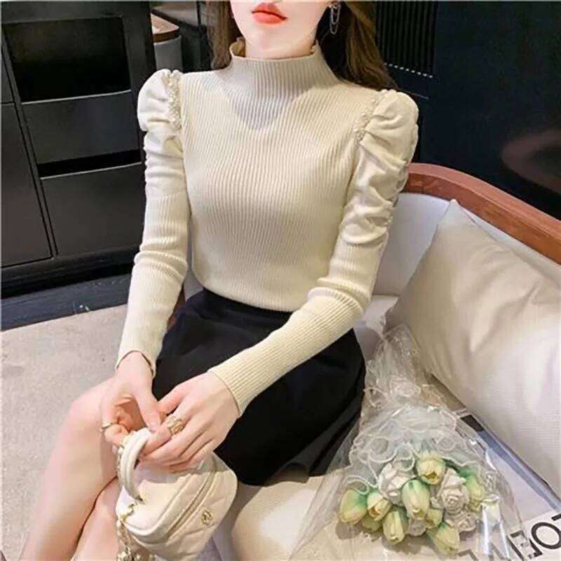 Fashion Stand Collar Beading Puff Sleeve Sweaters Women's Clothing 2023 Autumn Winter Solid Color Sweet Pullovers Commuter Tops XJ260305