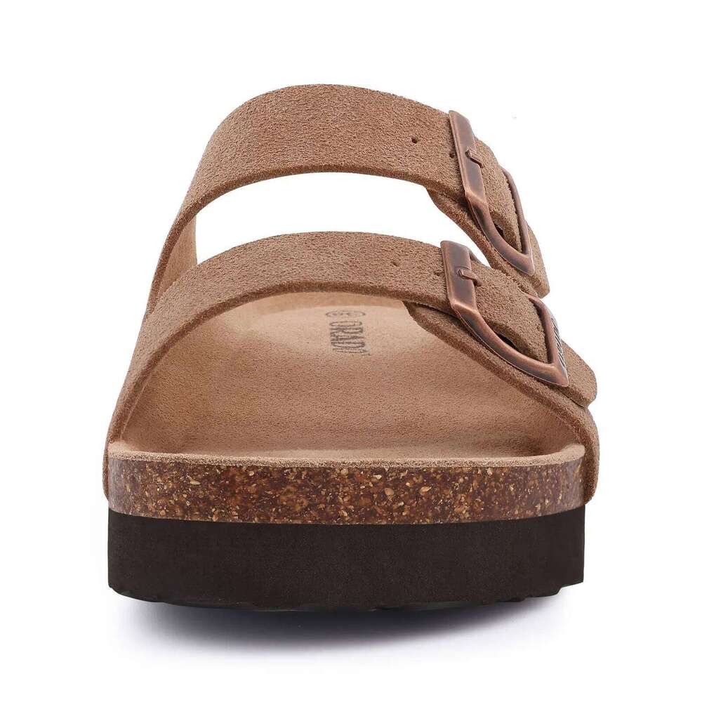 Kidmi New Double Buckle Cork Suede Men Slippers Outdoor Beach Slide Casual Soft Nonslip Sandals