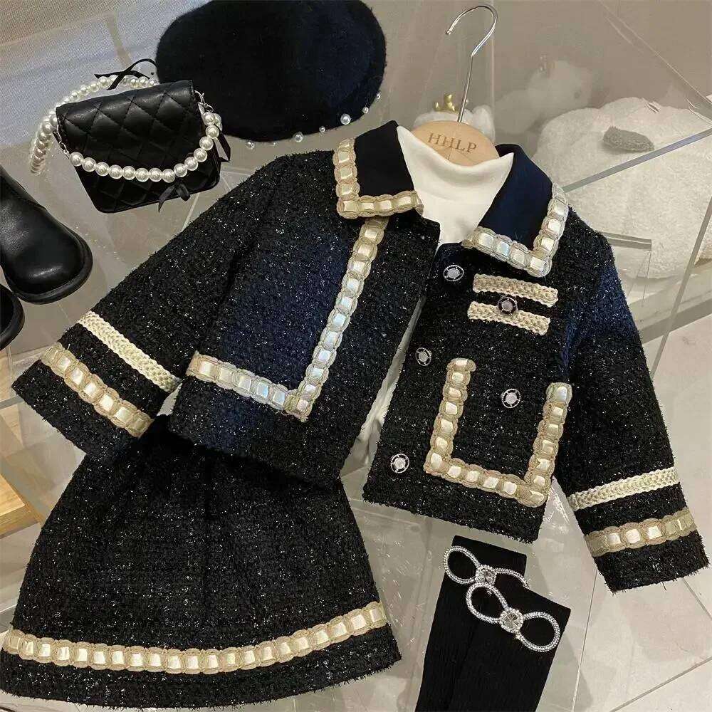 New Girl 2 Piece Tweed Set Winter Suit Clothes for 1-10Years Children's Cotton Padded Jacket Coat+Skirt Kids Classic Outfits Z260304
