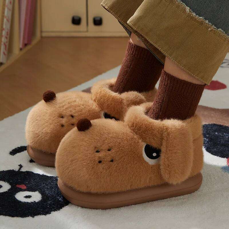 Cute Cartoon Dog Indoor Fluffy Slippers For Women Men Warm House Shoes Soft Faux Fur Anti-slip Couples Home Garden Snow Boots