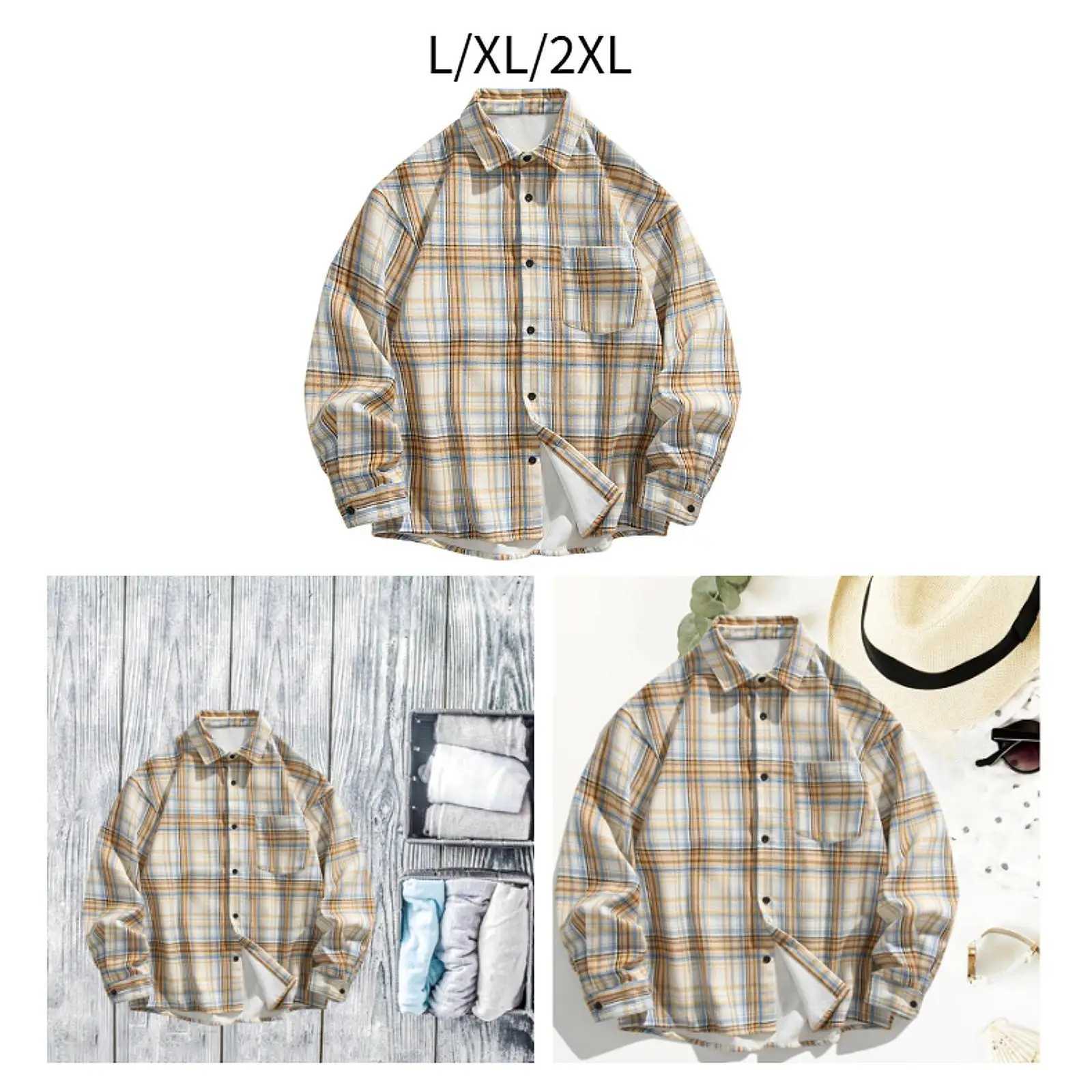 Plaid Shirt Short Plush Lining Lapel Coat Long Sleeve Button Down Mens Shirt for Work Dating Autumn Outdoor Activities Winter M260305