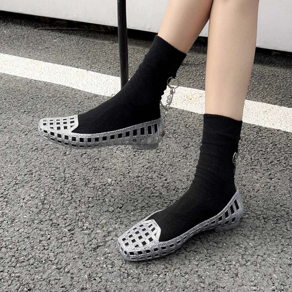 New 2025 Women Fashion Jelly Shoes Summer Cut-out Flat Sandals, Soft PVC Casual Square Toe Girls Daily Walking Sandalias