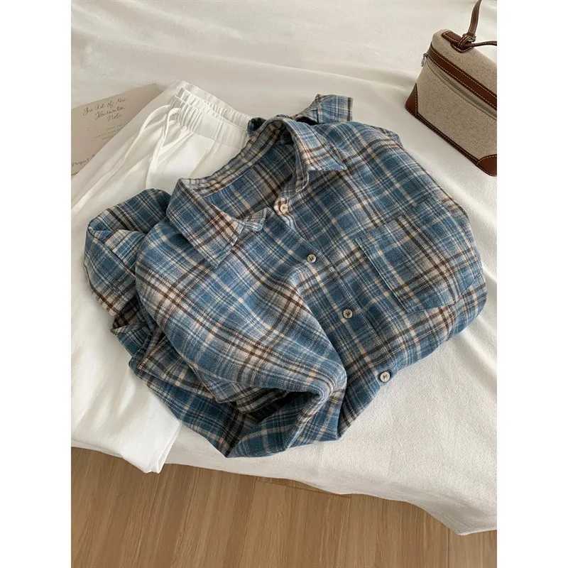 Retro American Blue Plaid Shirt Loose Casual Style for Men and Women Spring Autumn Trendy Brand Versatile Outerwear M260305