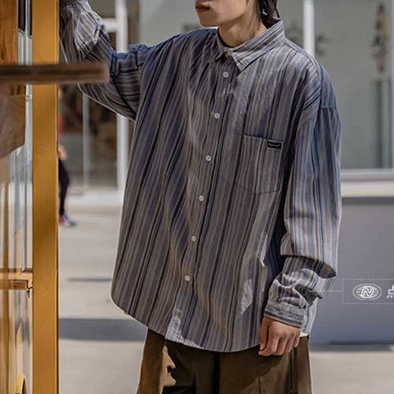 Spring Autumn Fashion Temperament Japanese Vintage Blouse Man Simple Stripes Loose Long Sleeve Top Casual All Match Male Shirt M260305