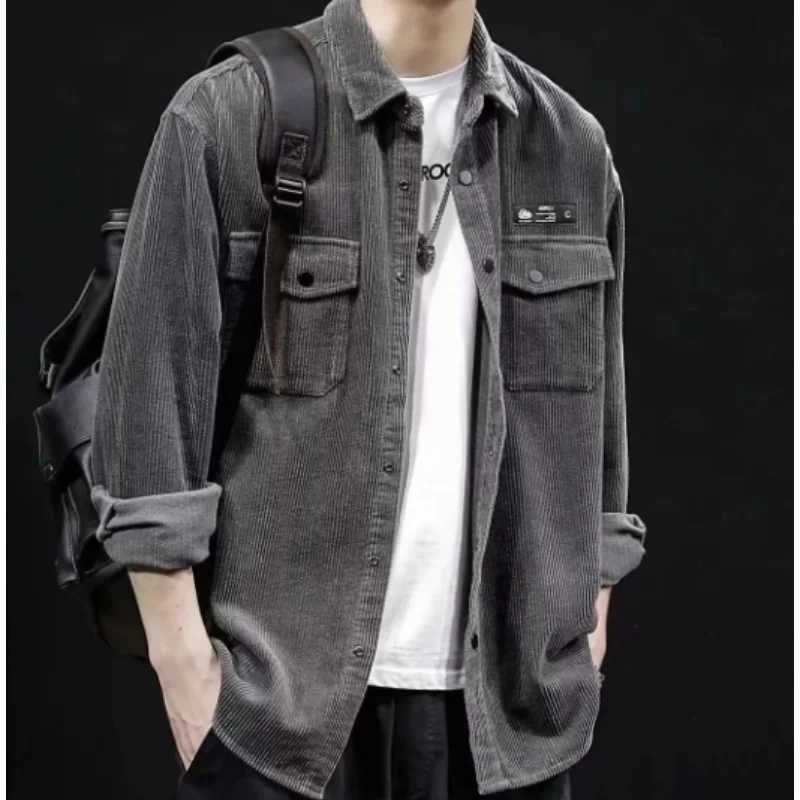 Mens Cardigan Corduroy Shirt Jacket 2024 New Spring Autumn Casual Thin Bomber Jackets Men Workwear Oversize M-5XL M260305