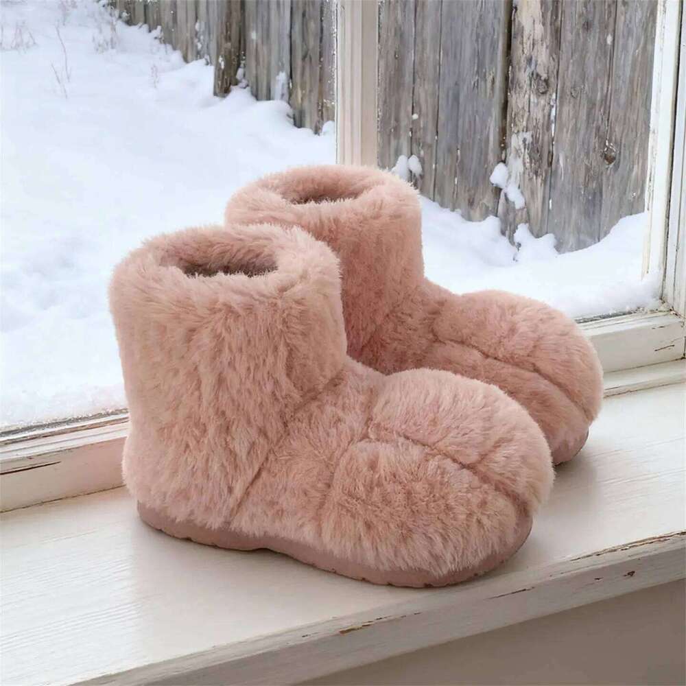 Cute Cartoon Cat Paw Fluffy House Shoes Woman Indoor Cotton Slippers Warm Faux Fur Anti-slip Female Home Street Snow Boots