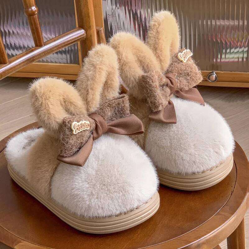 Cute Cotton Slippers For Women Winter House Shoes Funny Rabbit Ear , Warm Plush,Anti-slip, Girls Home Floor Fluffy Slides
