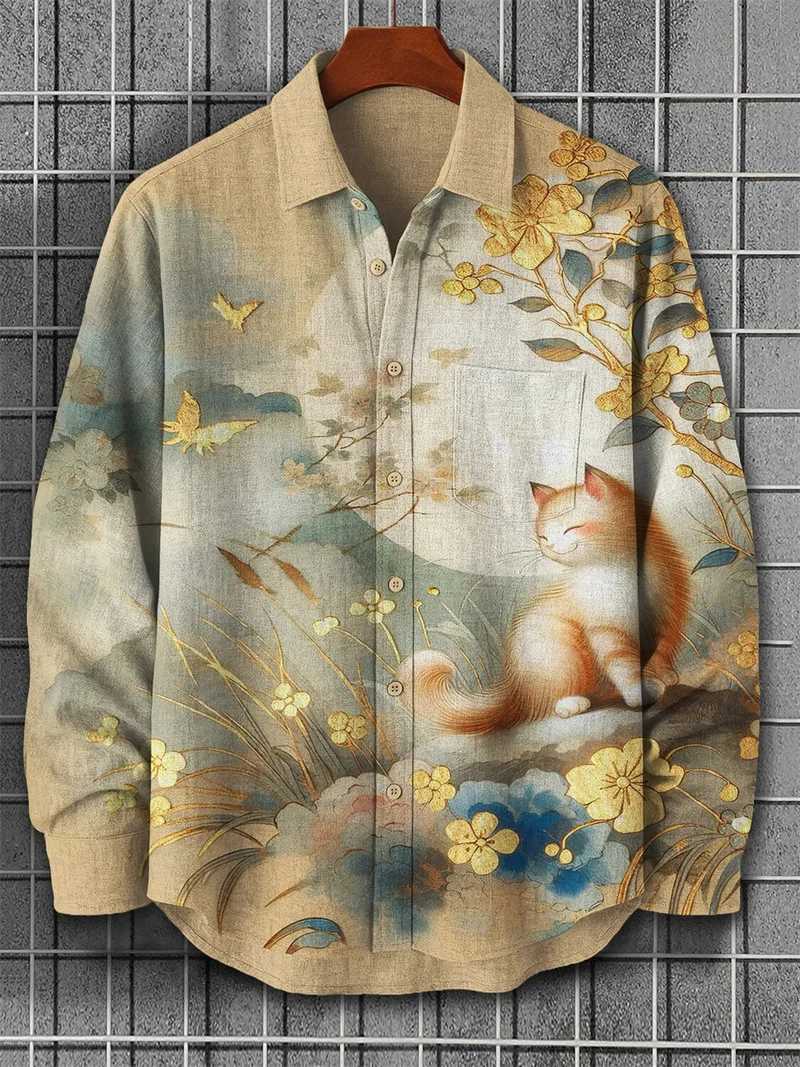 New mens linen long sleeved shirt casual shirt 3D animal print long sleeved fashionable and comfortable top M260305