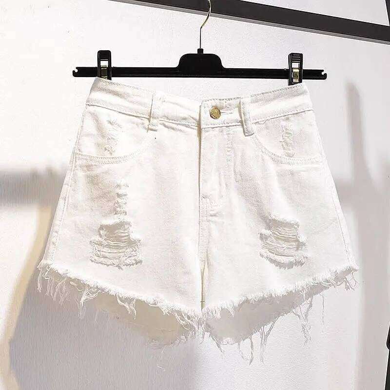 Large Size Denim With Ruffled Shorts Women's Summer High Waisted Loose Hole Wide Leg Student A-line Hot Pants Basic Short Jeans XJ260305