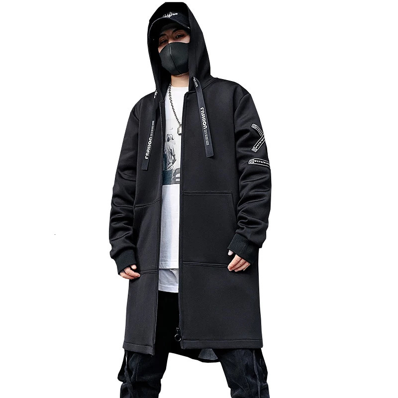 2026 Fashion Printed Mens Trench Coat Streetwear Hooded Harajuku Windbreaker Slim Fit Ribbons Outwear 260302