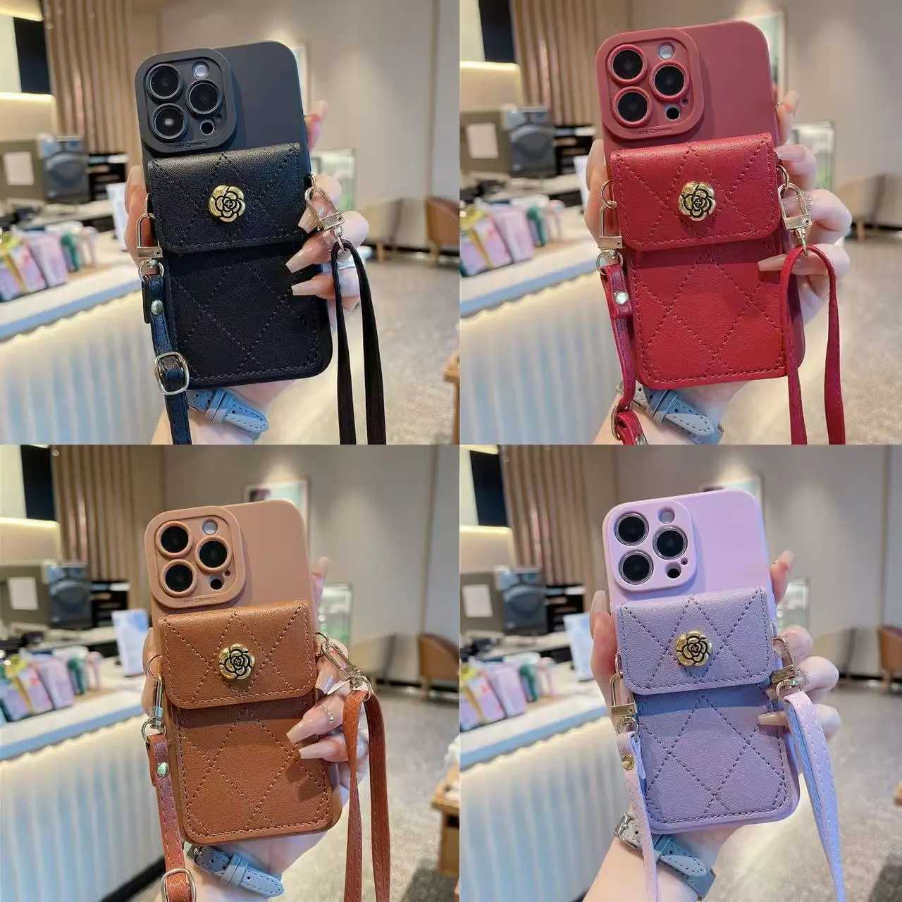 Luxury Camellia Quilted Wallet Crossbody Lanyard Phone Case For iPhone 6 7 8 Plus 6s X Xs Max Xr SE | TPU Leather Card Holder CoverT260305