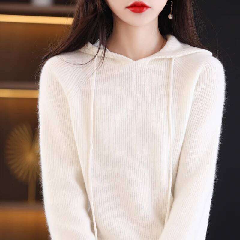 100% Merino Wool Women's Autumn Winter Casual Long Sleeve Soft Cashmere Knitted Hoodie Sweater Pullover Korean Female Clothing XJ260305