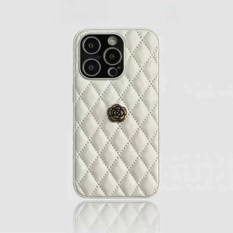 Luxury Quilted Leather Phone Case with 3D Metal Camellia For iPhone 17 16 15 14 13 12 Pro Max 15 16 Plus | Premium Fashion CoverT260305