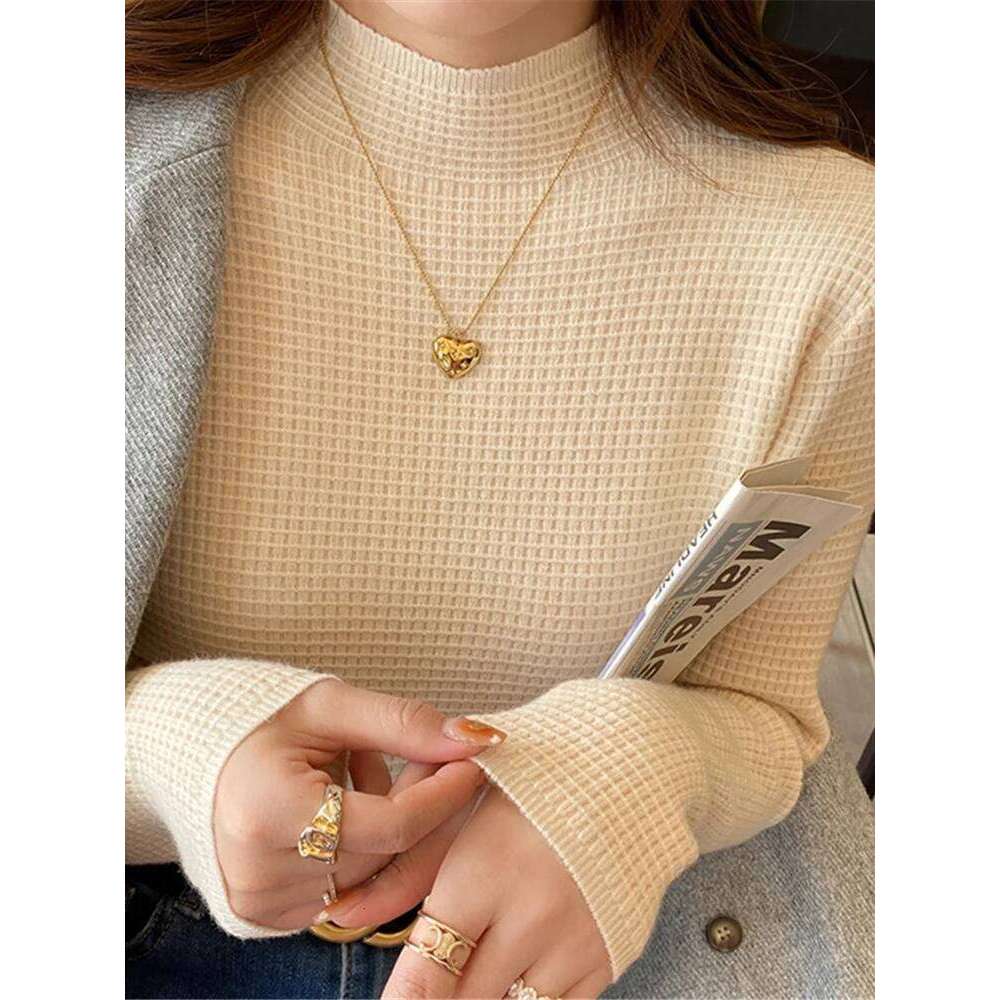 Women Autumn Winter Turtleneck Sweater Vintage Solid Waffle Pattern Knitted Female Sweaters Tops Casual Slim Pullover Jumpers XJ260305