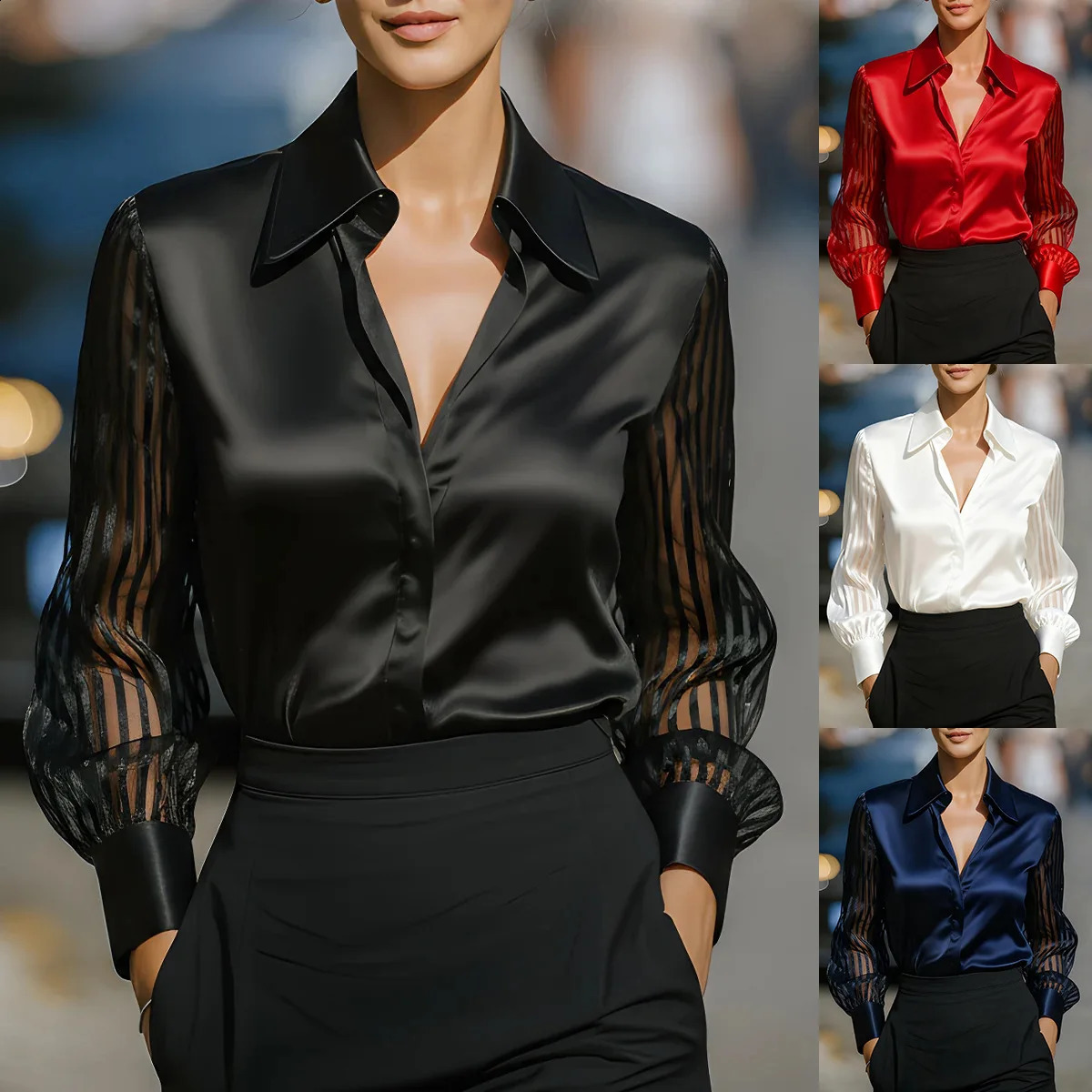 Fashion Womens Patchwork Black Shirt Satin Hollow Stripe Long Sleeve Button Cardigan Office White Female Simple Top 260228