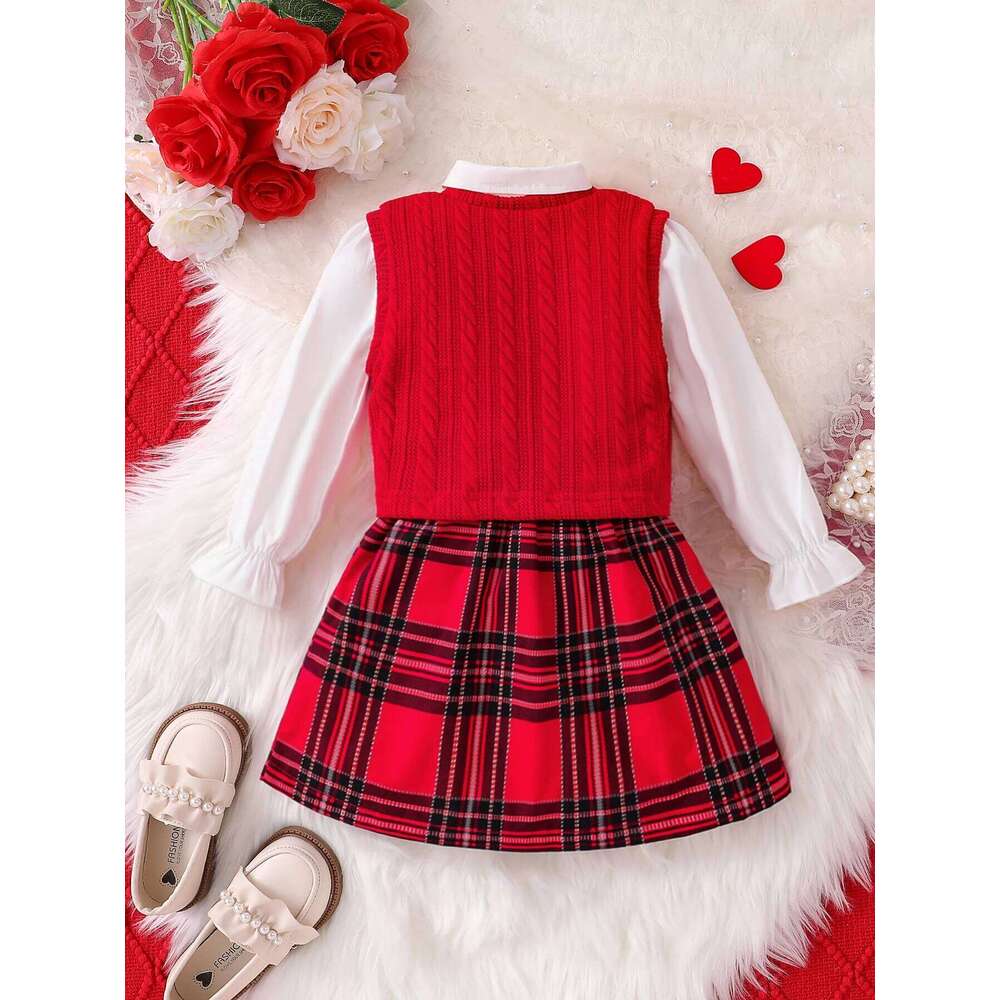 Children's Spring and Autumn New Girl Fashion Cute Three Piece Set Knitted Red Tank Top+Lace Collar Lining+Checkered Half Skirt Z260304