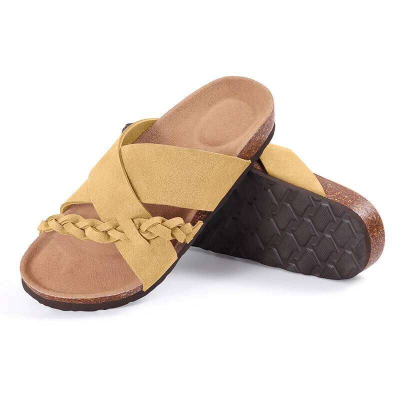 Kidmi New Women's Slides Soft Cork Footbed Comfortable Walking Slip-on Flat Sandals Arch Support Braided Straps Slippers