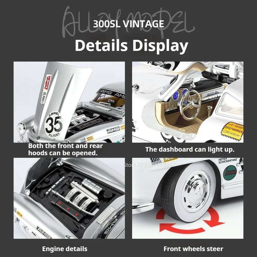 1:18 300SL Alloy Cars Diecast Models Toys Front-wheel Steering Four-wheel Suspension Vehices Vintage Ornament Collection L260520