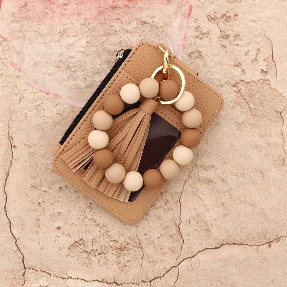 2025 Silicone bead pu leather key chain wristlet id credit card holder keychain wallet for women with bangle bracelet C260304