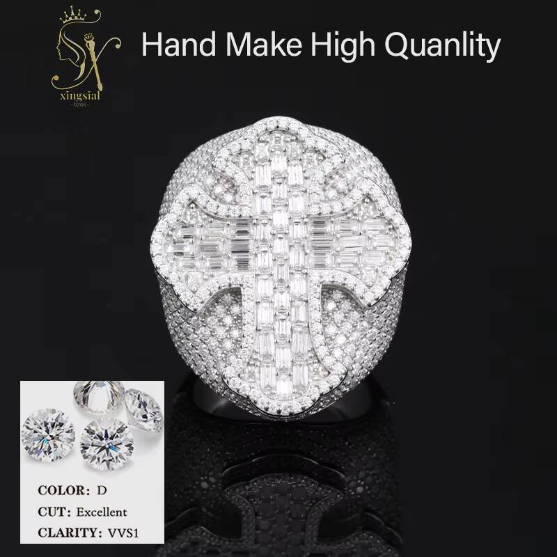 Xingsial Luxury Pass Diamond Tester VVS D Color Moissanite Iced Out Hip Hop Cross Ring 925 Sterling Silver Diamond Cluster Ring