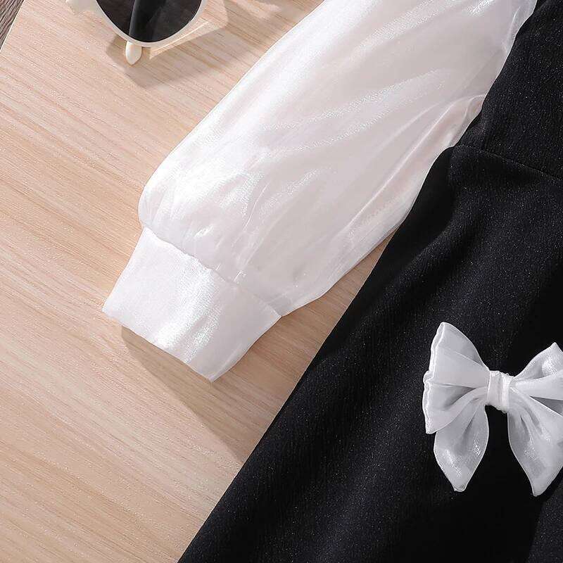 Elegant Semi-Sheer Long Sleeve Lapel Combo Dress for Girls Summer 4-7 Black Knee Length Skirt with Sweet Bow Detail Z260304