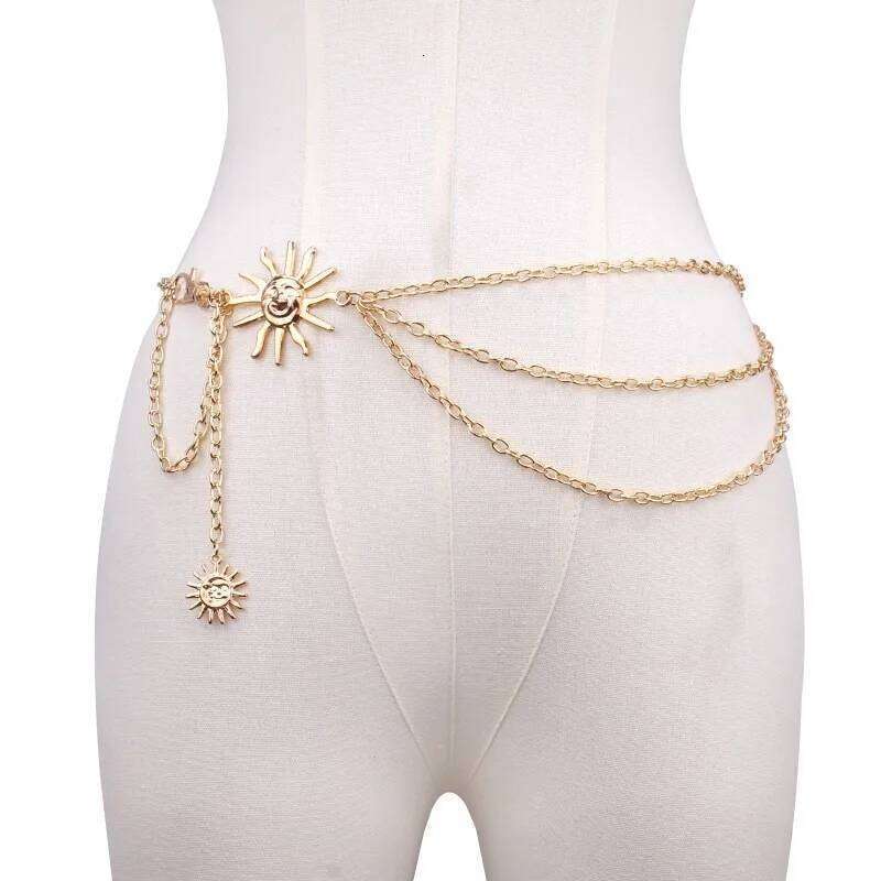 Fashion Sun Moon Layered Waist Chain - Punk Style Adjustable Belly Belt for Women Gothic Hip Harness Pants Decorative Accessory S260304