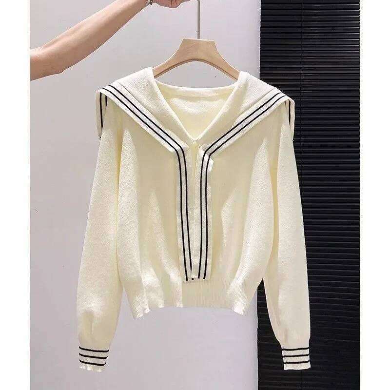 Navy Collar 2025 Autumn Women's New Spliced pullover Knitted Sweater Versatile Design Fashionable Long-sleeved Top XJ260305