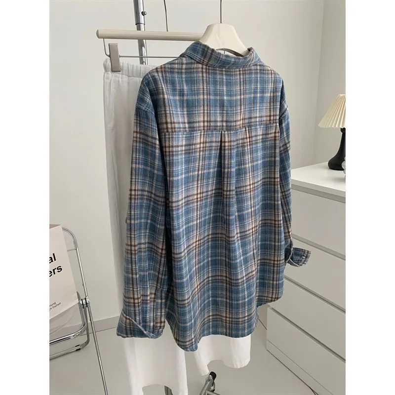 Retro American Blue Plaid Shirt Loose Casual Style for Men and Women Spring Autumn Trendy Brand Versatile Outerwear M260305