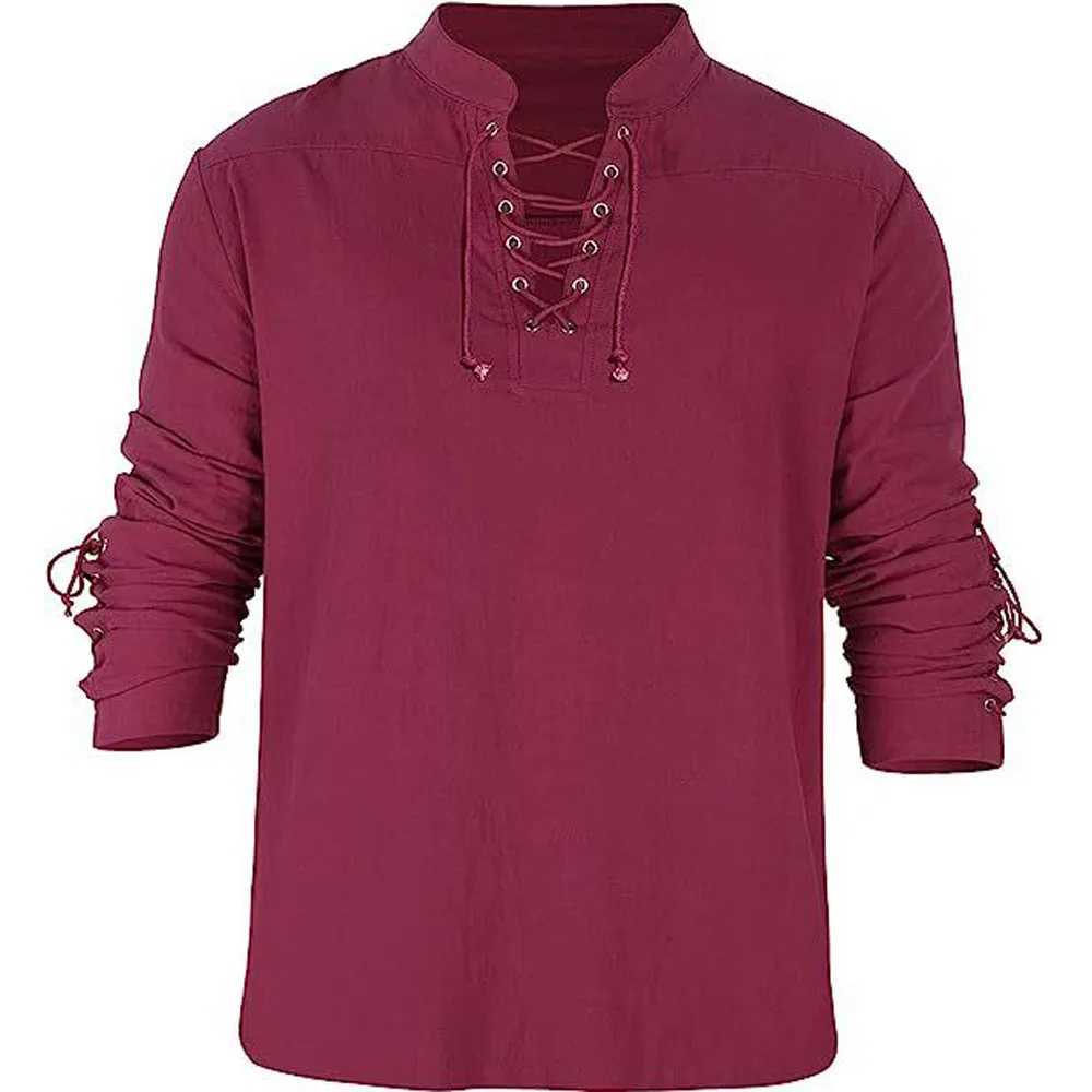 Male Cotton Linen Lace Up Long Sleeve Pullover Blouse Shirts Men Collarless Solid Color Holiday Beachwear Tops YYCFS-V-6-26 M260305