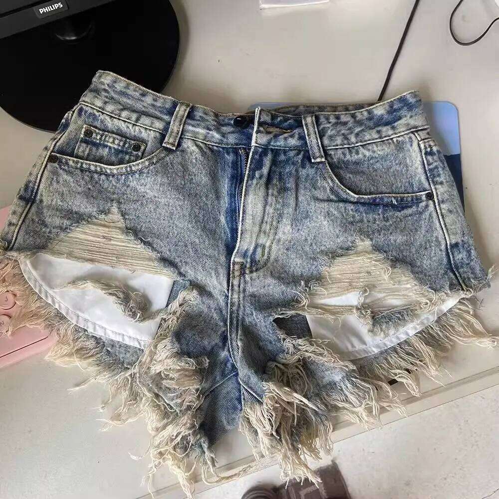 Jeans Women Low Waist Worn Out Irregular Tassel Pocket Exposed Snowflakes Slim Denim Shorts Female 2024 New Summer. XJ260305