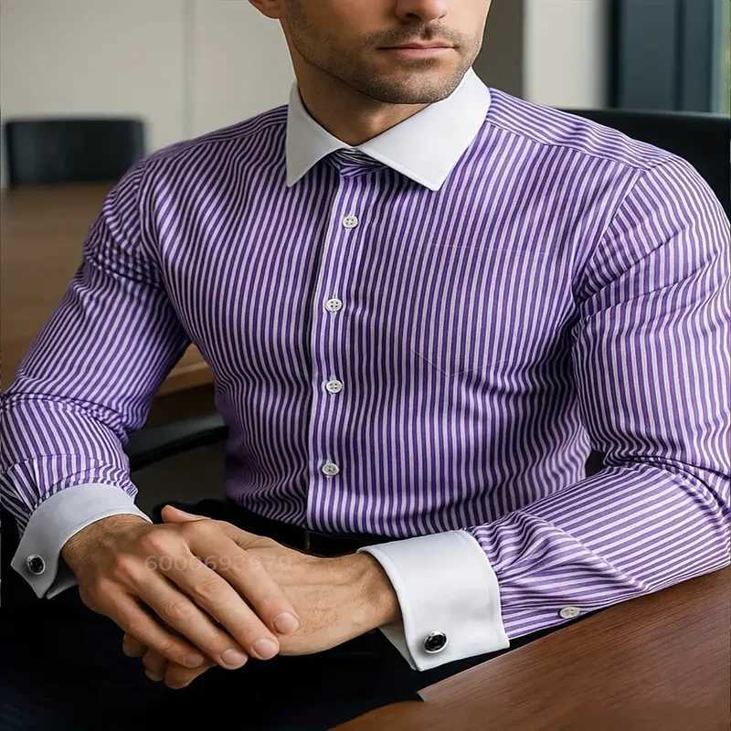 2025 Mens Retro Casual Striped Shirt Social Formal Contrast Color British Style Long Sleeve Shirt Fast Delivery M260305