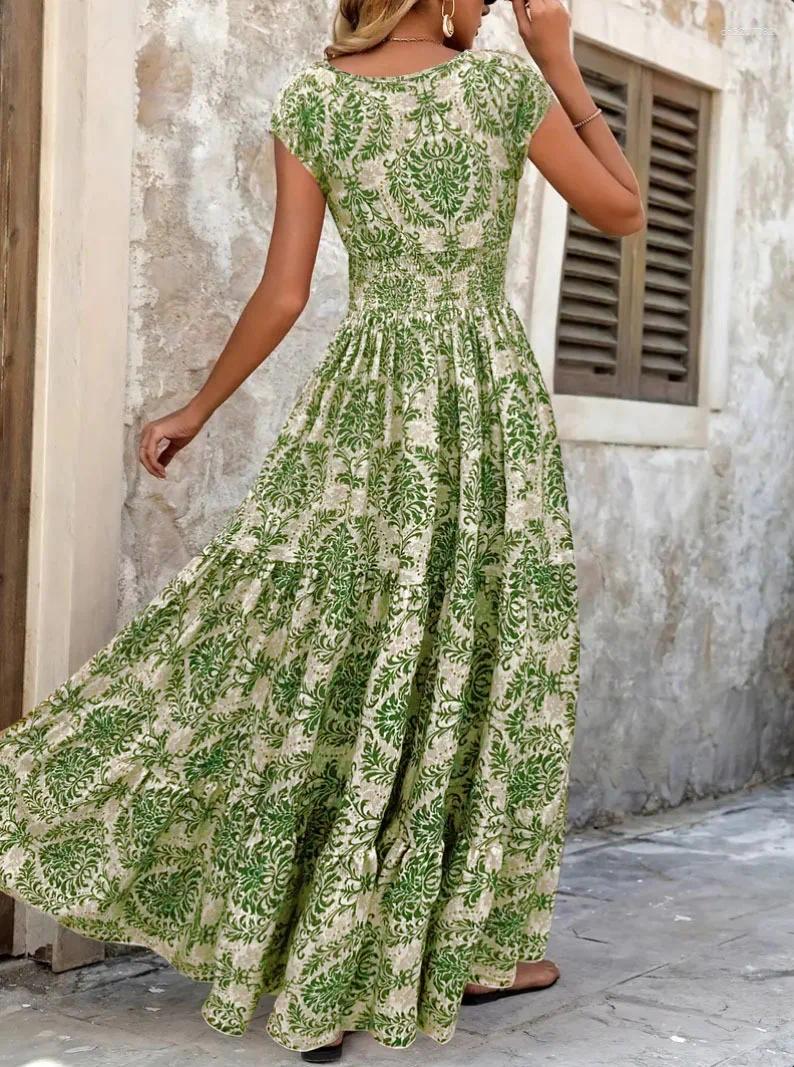 Casual Dresses 2026 Vintage Printed Dress Fashionable And Elegant V-neck Short Sleeved Jumpsuit Long Skirt Womens Clothing