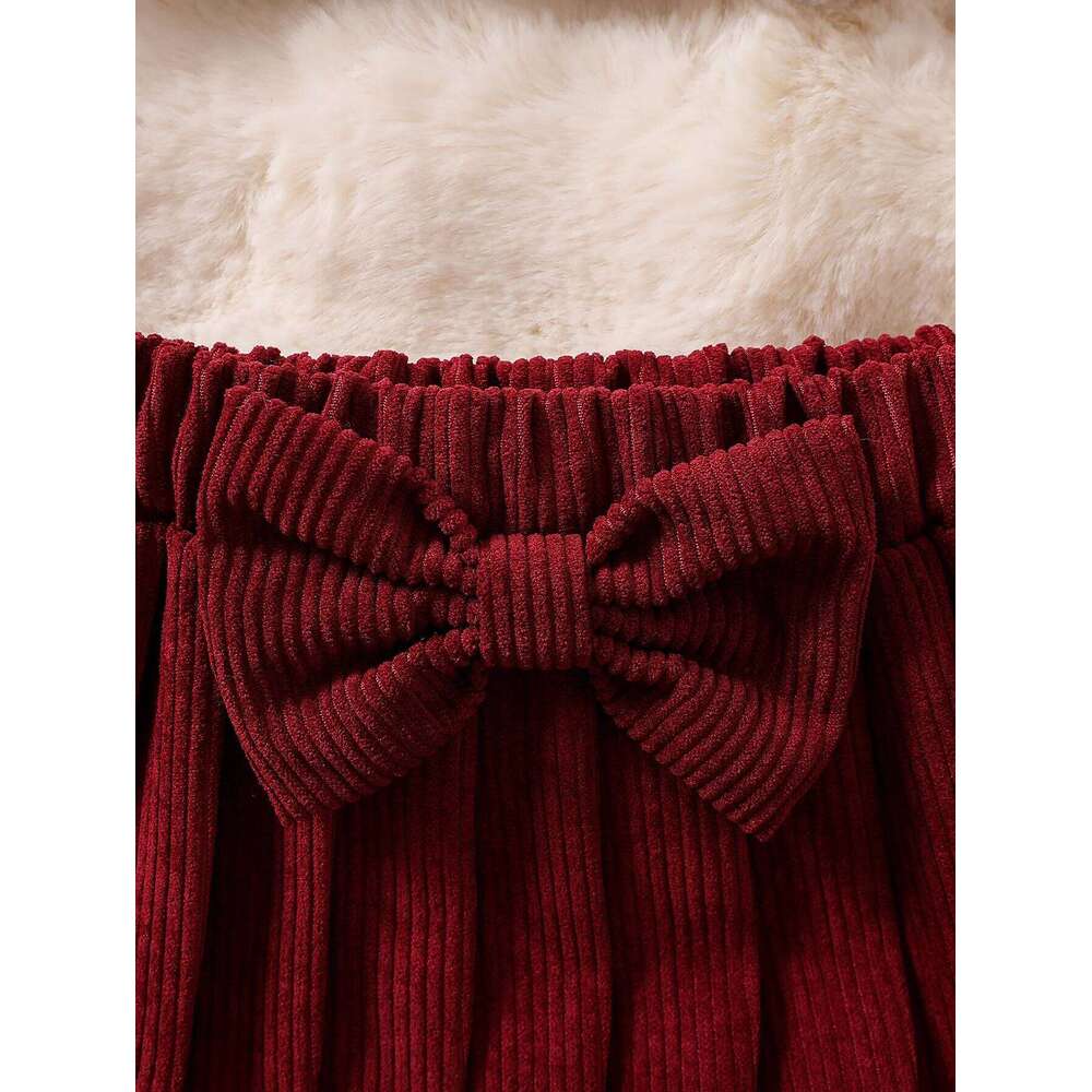 Kids 2PCS Spring New Style For Girls 1-6 Years Old Sweet And Lovely Love Pattern Top + Red Pleated Short Skirt With Bow Set Z260304