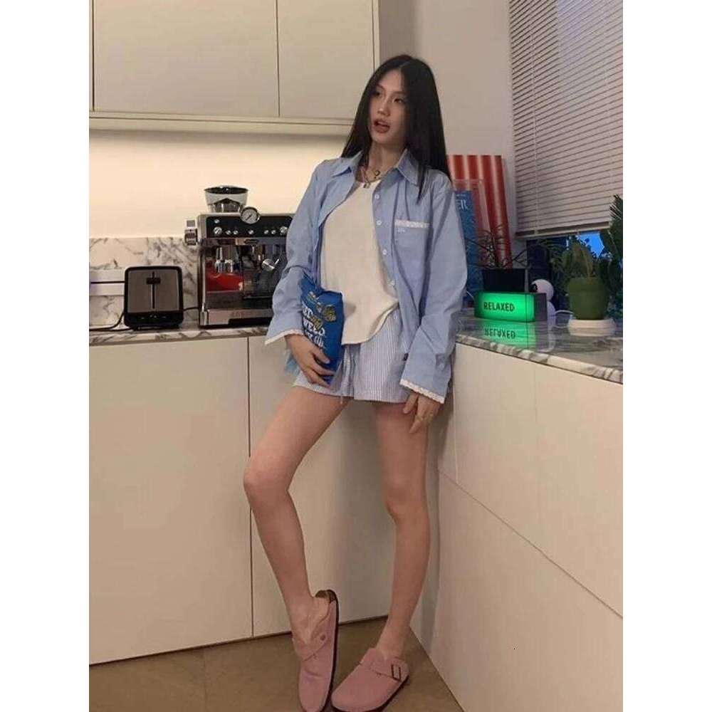 HOUZHOU Blue Striped Letter Embroidery Shorts Women Wide Leg Korean Fashion Short Pants Drawstring Baggy Casual Jorts Summer XJ260305