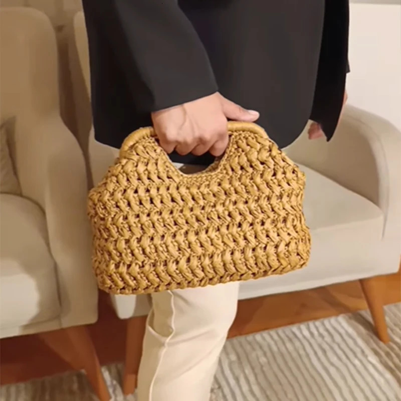 Natural Fiber Snap Clutch BagSpanish Seaside Womens Straw Woven HandbagSummer Beach Travel Vacation Evening Elegant Purse 260303