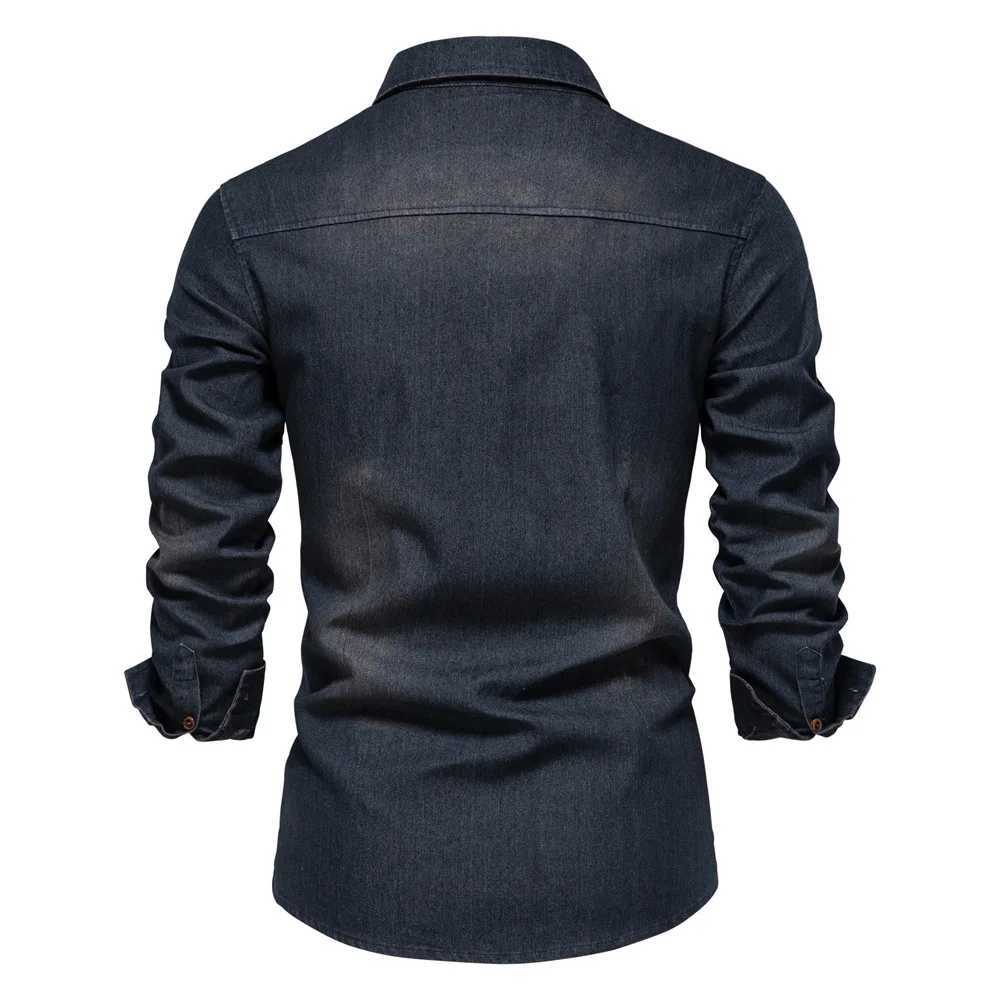 Elastic Cotton Denim Shirt Men Long Sleeve Solid Color Pocket Shirts for Men Casual Slim Fit Mens Designer Clothing M260305