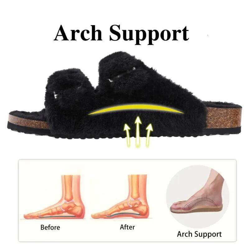 Kidmi Womens Fuzzy Slippers with Arch Support Adjustable Buckles New Fashion Cork Footbed Slides Open Toe Indoor Shoes for Women