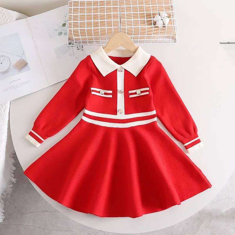 Children's Dresses Lapel Stylish Slim-fit Dress Knitted Sweater Toddler Girl Winter Clothes Kids Knitwear Z260304